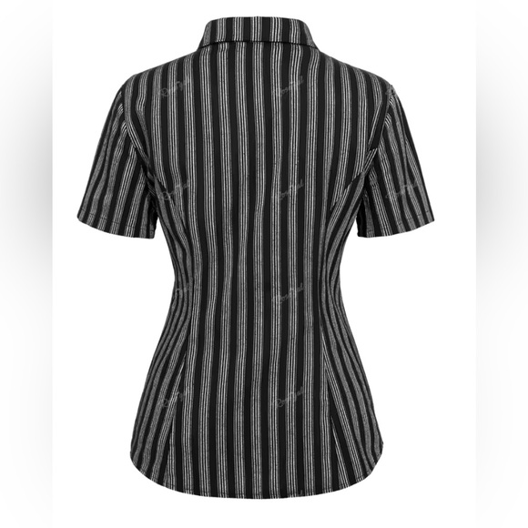 Biker Gothic Black Grey Striped Collared Button up Shirt w/ Belt Design 1X 16-18 - Picture 4 of 7